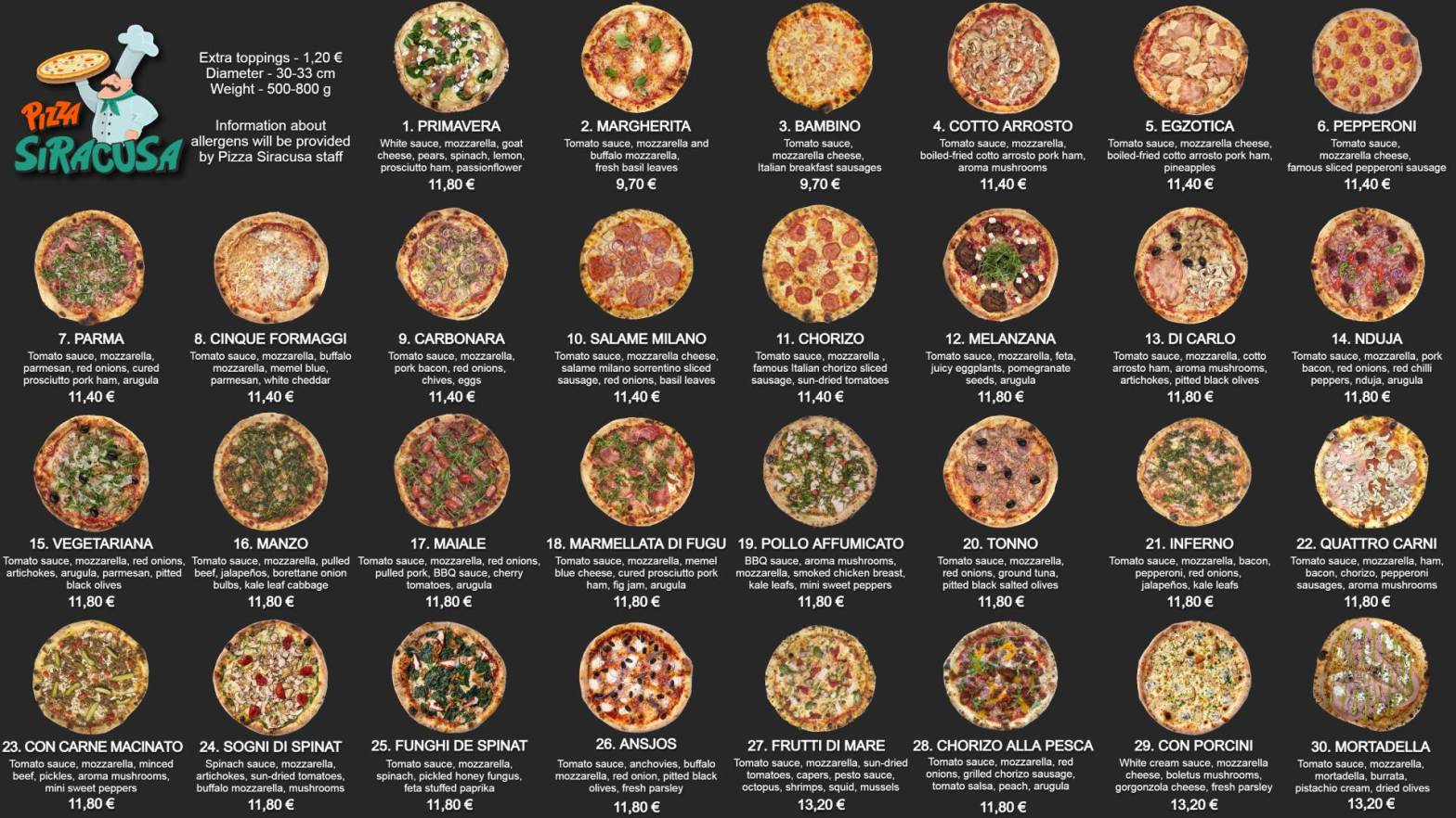 Pizza menu